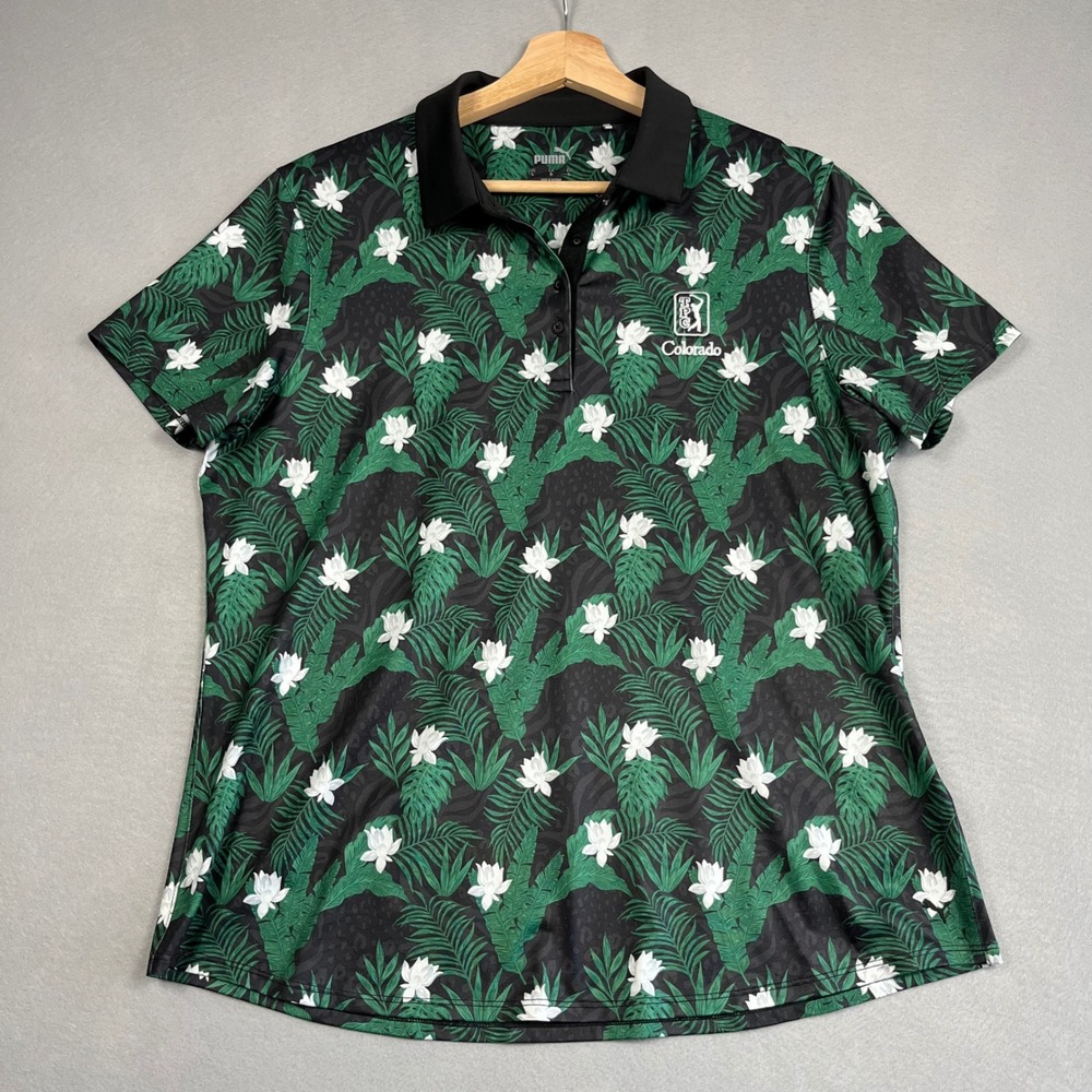 Puma Womens Golf Polo Shirt TPC Colorado Tropical Floral Black Large Athleisure